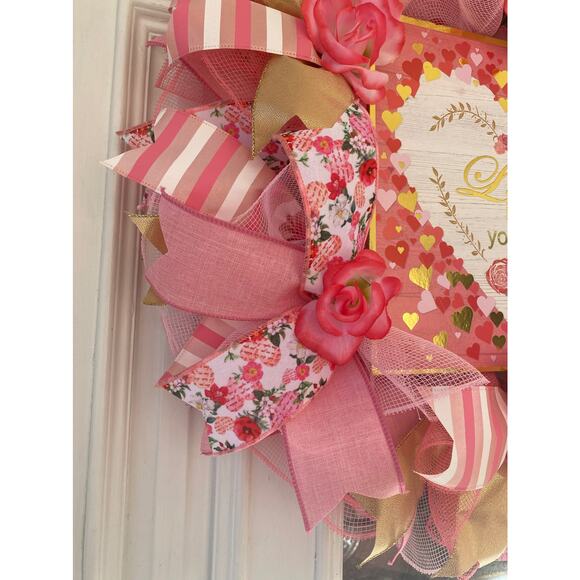 XL Love is All You Need Valentines Day Heart and Roses Wreath Door Hanger - Picture 5 of 9